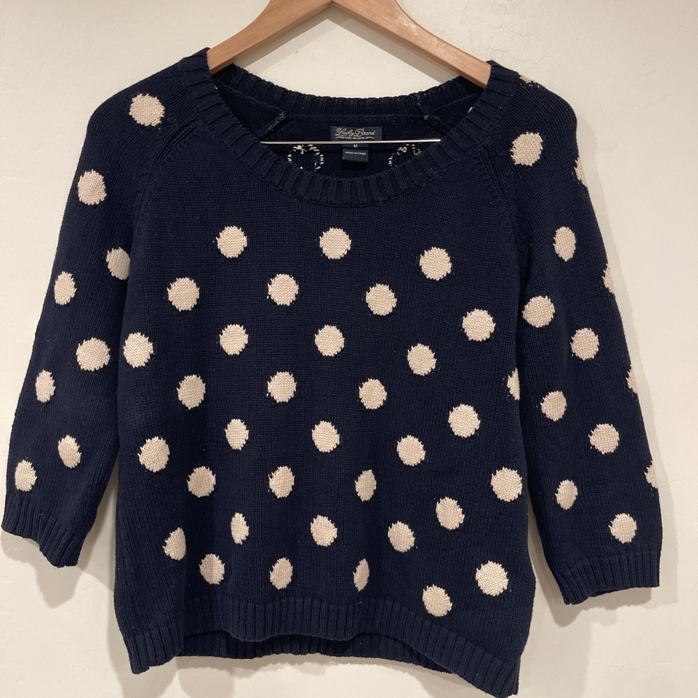 Women's Medium Navy Polka Dot Sweater 3/4 chunky Knit Twee Preppy academia - Picture 2 of 11